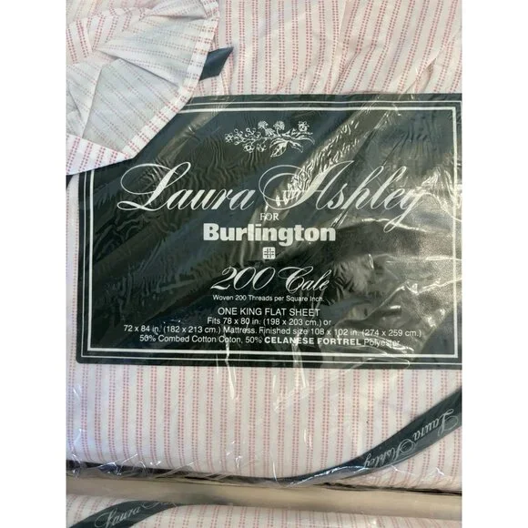 NEW VTG Laura Ashley Ticking Stripe Cal King Fitted Flat Sheet Set Burlington